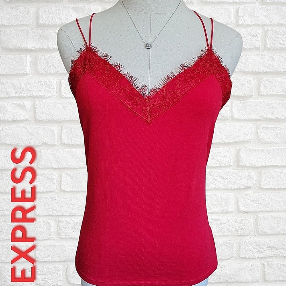 EXPRESS Red Lace Tank Top Strappy V-Neck Cami NWT Sleeveless Shirt Size Medium